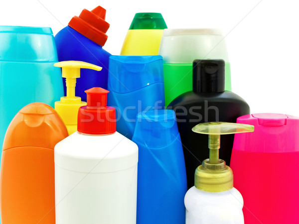 Artigos de higiene pessoal garrafas dois plástico azul xampu Foto stock © SRNR
