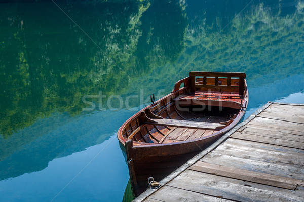 Wooden boat, sky and forest reflected in the mirror lake water Stock photo © Steffus