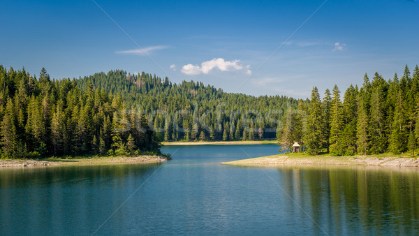 Small wooden house at the mountain lake shore. Stock photo © Steffus