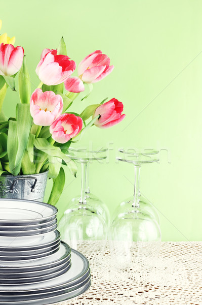 Voorjaar tafelgerei tabel moeders dag Pasen Stockfoto © StephanieFrey