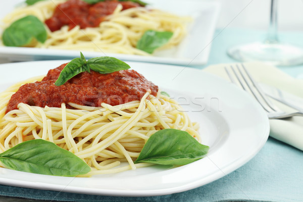 Stock fotó: Tészta · spagetti · mártás · paradicsomszósz · friss · bazsalikom