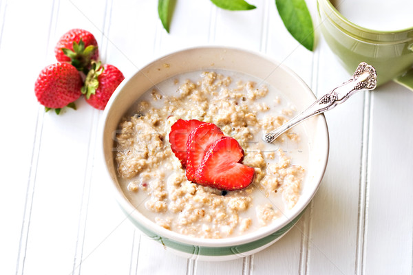 Stock foto: Haferflocken · frischen · Erdbeeren · Makro · Schüssel · heißen