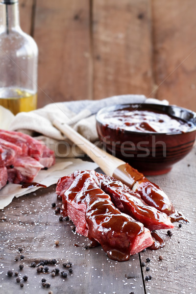 Stock foto: Kurzfristig · Rippen · Barbecue-Sauce · Land · Pinsel · rustikal