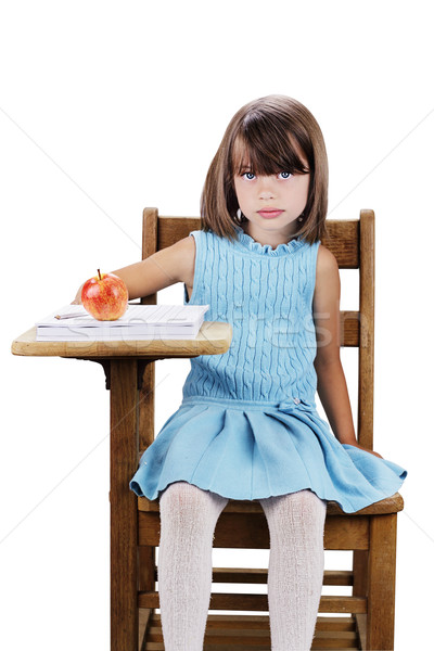 Foto d'archivio: Bambino · seduta · scuola · desk · bambina · mela