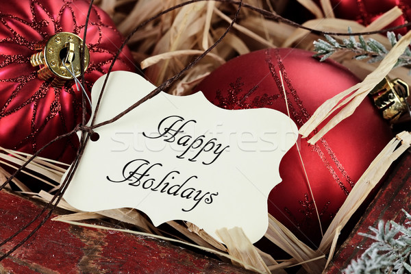 Fericit concediu etichetă Crăciun ornamente vechi Imagine de stoc © StephanieFrey