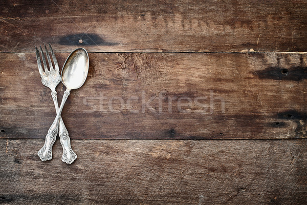 Antik ezüst étkészlet fából készült kanál villa rusztikus Stock fotó © StephanieFrey