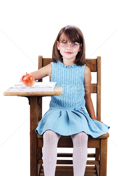 Foto stock: Criança · escolas · secretária · little · girl · óculos