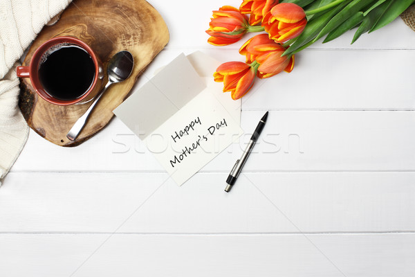 Stockfoto: Kaart · bloemen · koffie · shot · boeket