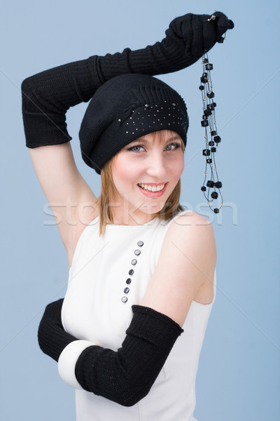 Foto stock: Mulher · inverno · boné · luvas · preto