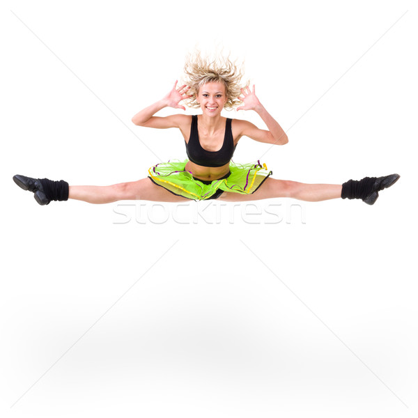 ストックフォト: フィットネス女性 · ジャンプ · 喜び · 孤立した · 白