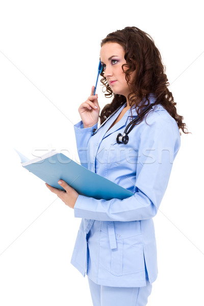 Ganditor medic femeie clipboard stetoscop izolat Imagine de stoc © stepstock