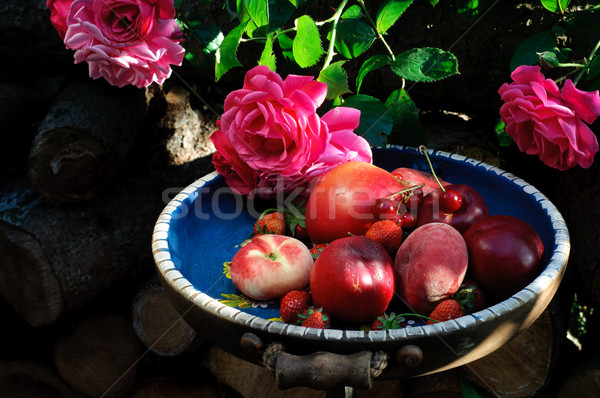 Assorted summer fruits and roses Stock photo © stickasa