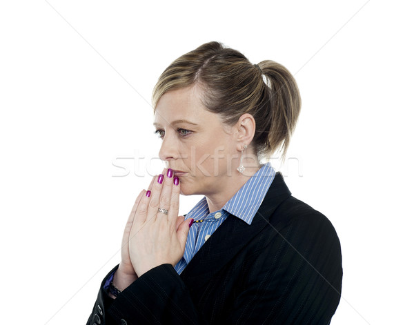 Figyelmes üzlet vállalkozó hölgy gondolkodik erősítés Stock fotó © stockyimages