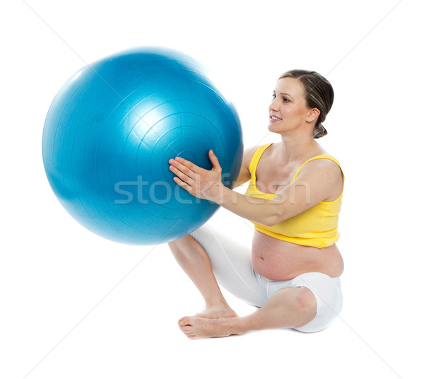 [[stock_photo]]: Femme · enceinte · gymnastique · balle · isolé · blanche · femme