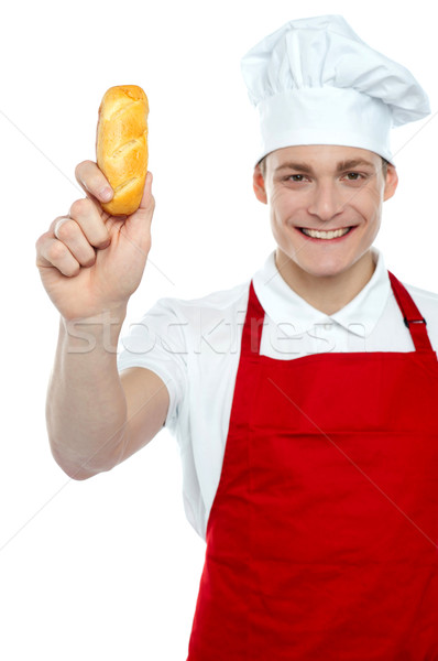 Tijd hot dog chef tonen brood Stockfoto © stockyimages