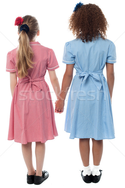 Lányok iskolai egyenruha szemben fal iskola kéz a kézben Stock fotó © stockyimages