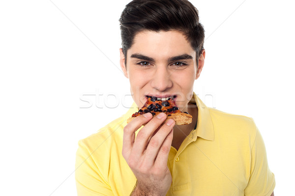 Stockfoto: Smart · naar · vent · genieten · pizza · slice · jonge