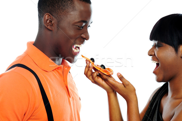 Stockfoto: Prachtig · meisje · aanbieden · pizza · slice · pizza · knap