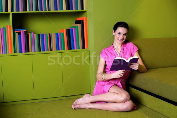 Foto stock: Livros · meu · tempo · feliz · mulher · sessão