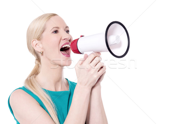 Excite woman shout with megaphone Stock photo © stockyimages
