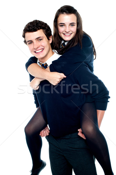 Foto stock: Menina · equitação · piggyback · menino