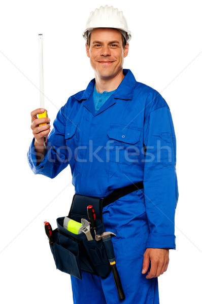 Foto stock: Edificio · trabajador · cinta · métrica · aislado · blanco