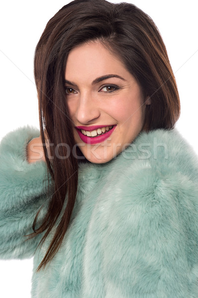 Gülümseyen kadın kürk görüntü güzel bir kadın lüks kadın Stok fotoğraf © stockyimages