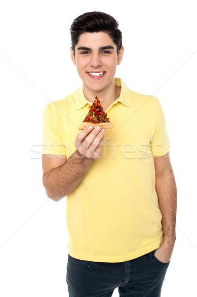 Toevallig jongen poseren pizza slice smart jonge Stockfoto © stockyimages