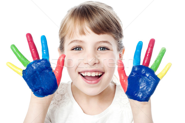 Stock foto: Lächelnd · Mädchen · gemalt · Hände · schönen · kleines · Mädchen