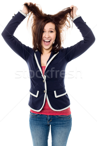 Junge Mädchen Ziehen Haar Aufregung verspielt jungen Stock foto © stockyimages