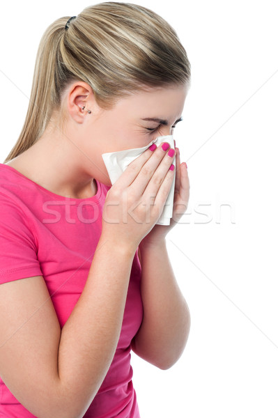 Menina nariz lenço jovem sofrimento mulher Foto stock © stockyimages