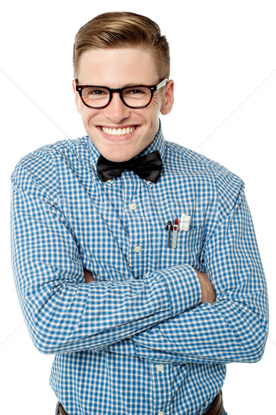 [[stock_photo]]: Espiègle · jeune · homme · posant · souriant · jeunes · nerd
