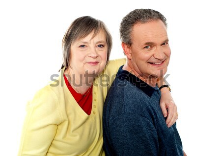 Foto stock: Retrato · pareja · de · ancianos · atrás · estudio · familia · Pareja