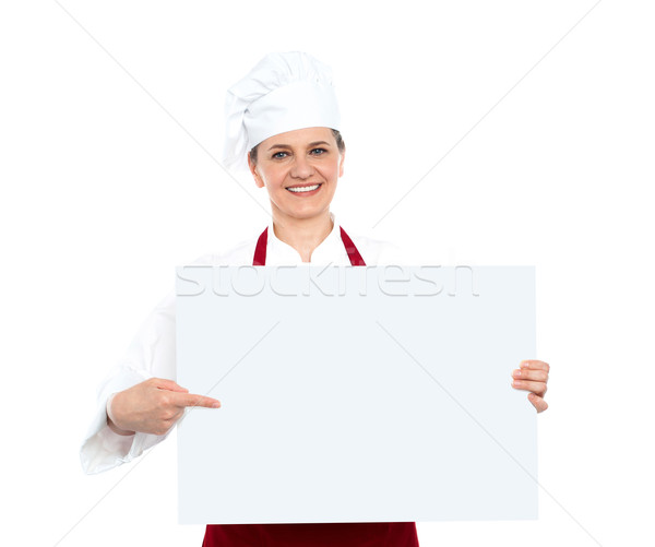 Stockfoto: Vrouwelijke · chef · wijzend · geïsoleerd · glimlachend