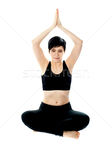 Foto stock: Belo · menina · meditando · preto · ioga