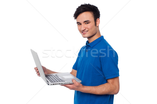 新しい ノートパソコン 小さな 男 作業 ストックフォト © stockyimages