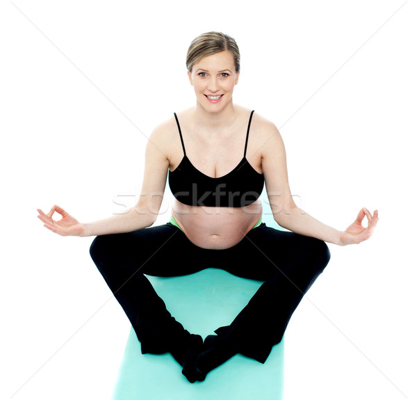 Foto stock: Belo · mulher · grávida · lótus · pose · azul