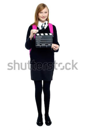 Cute schoolmeisje klaar volgende shot school Stockfoto © stockyimages