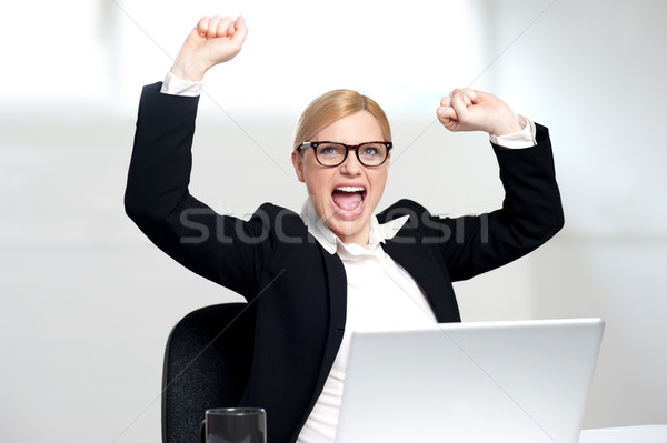 Bin Gewinner aufgeregt jungen Geschäftsfrau schauen Stock foto © stockyimages