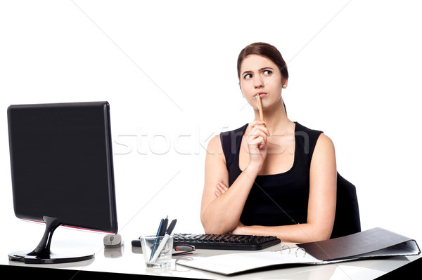 Hölgy gondolkodik megoldás ügyfelek lekérdezés fiatal Stock fotó © stockyimages