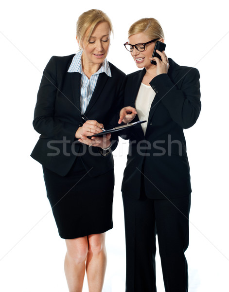 Two females looking at progress report and discussing Stock photo © stockyimages