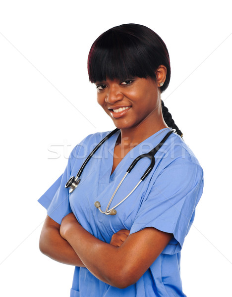 女 外科醫生 聽筒 微笑 孤立 白 商業照片 © stockyimages