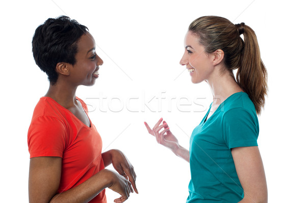 Joli femmes discussion deux charmant amis Photo stock © stockyimages
