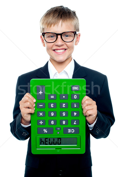 Stock fotó: Iskolás · fiú · tart · számológép · fejjel · lefelé · új · út