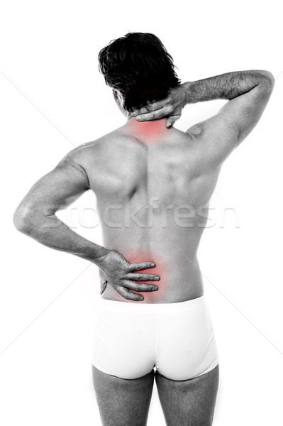 Sportsérülés fájdalom fiatalember nyak hátfájás kezek Stock fotó © stockyimages