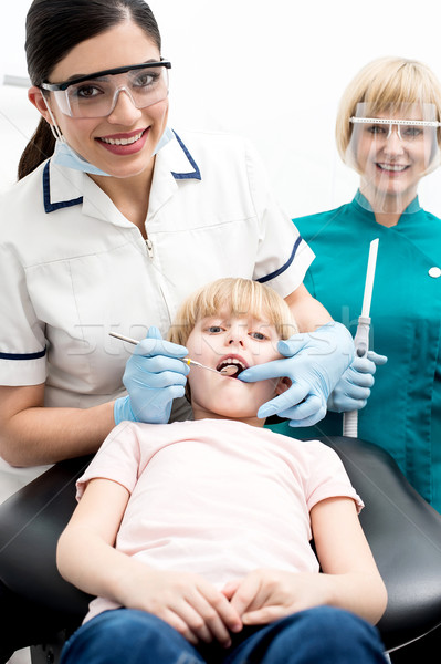 Foto d'archivio: Bambino · dental · verificare · up · dentista · assistente