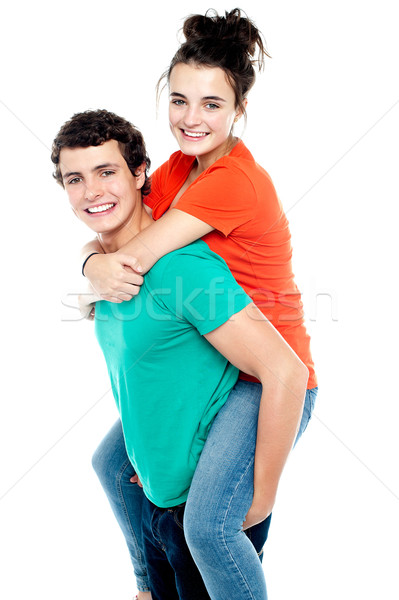 Foto stock: Feliz · joven · a · cuestas · amigo · atrás