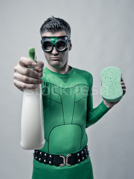 Szuperhős mosószer szivacs zöld spray vicces Stock fotó © stokkete
