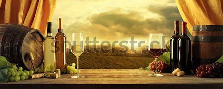 [[stock_photo]]: Vin · bouteilles · vignoble · coucher · du · soleil · nature · verre