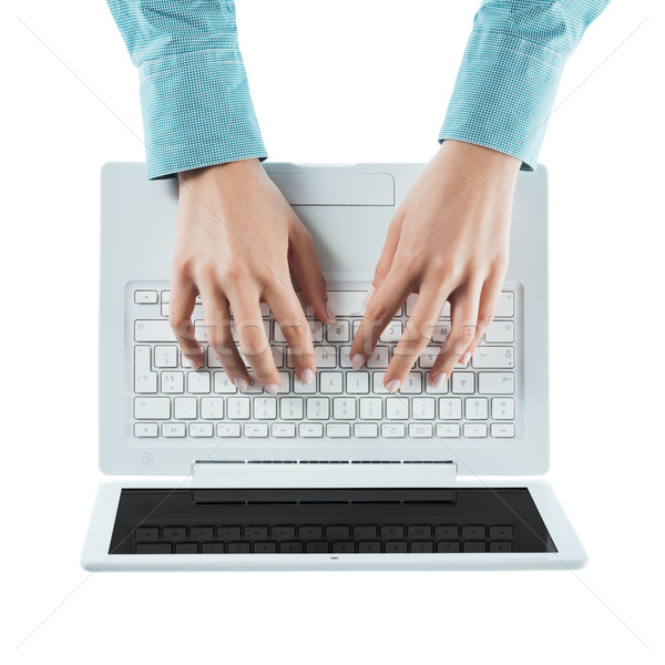 Stockfoto: Blogger · typen · laptop · zakenvrouw · witte